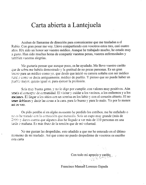 Carta abierta a Lantejuela D Francisco M Lorenzo Espada