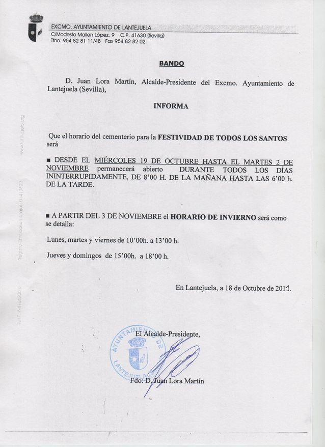 Bando horario cementerio Festividad de Todos los Santos