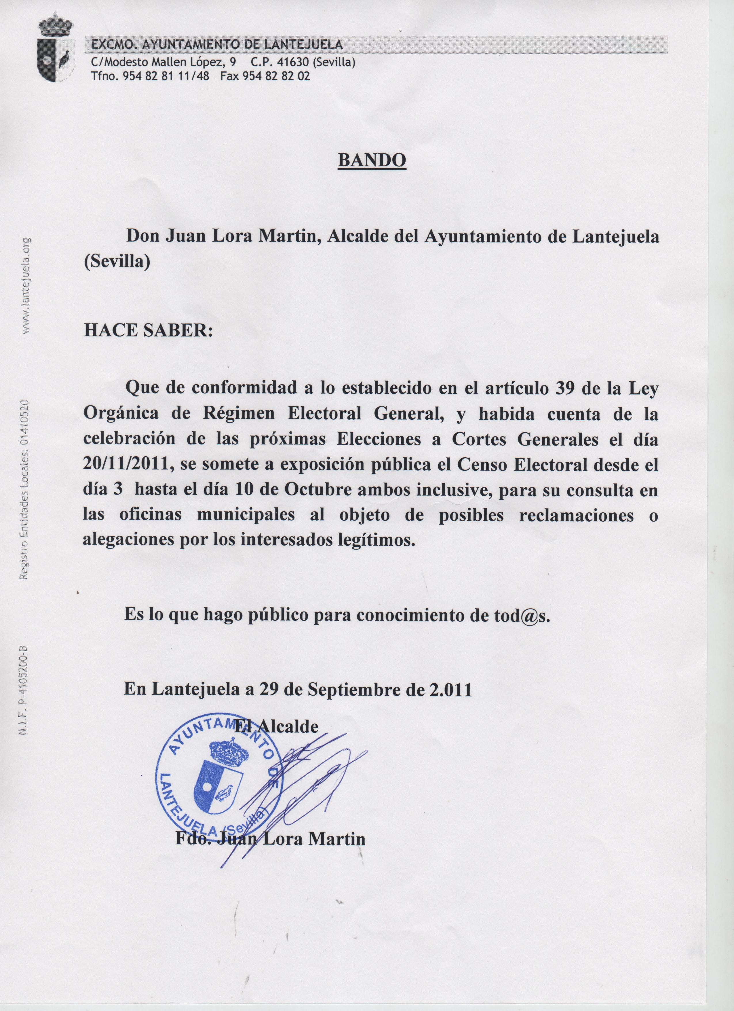 Bando informativo exposición pública Censo Electoral Elecciones Cortes Generales.