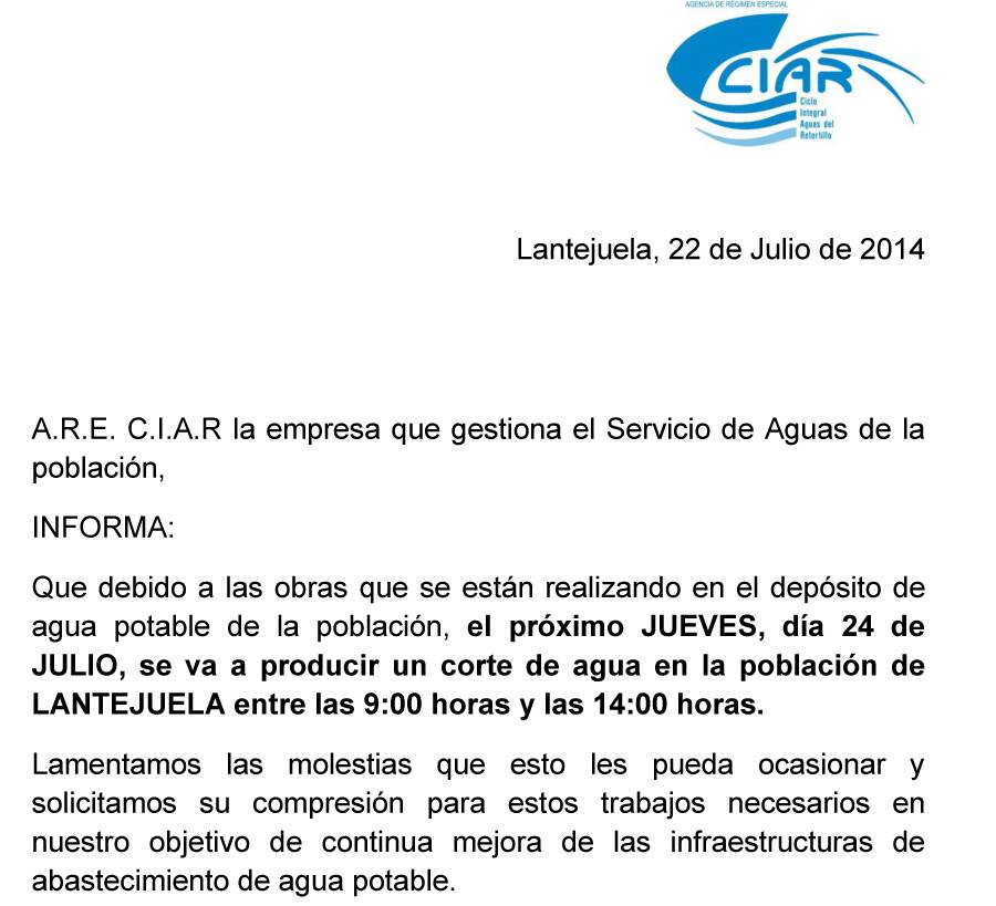 Aviso Corte de Agua Lantejuela