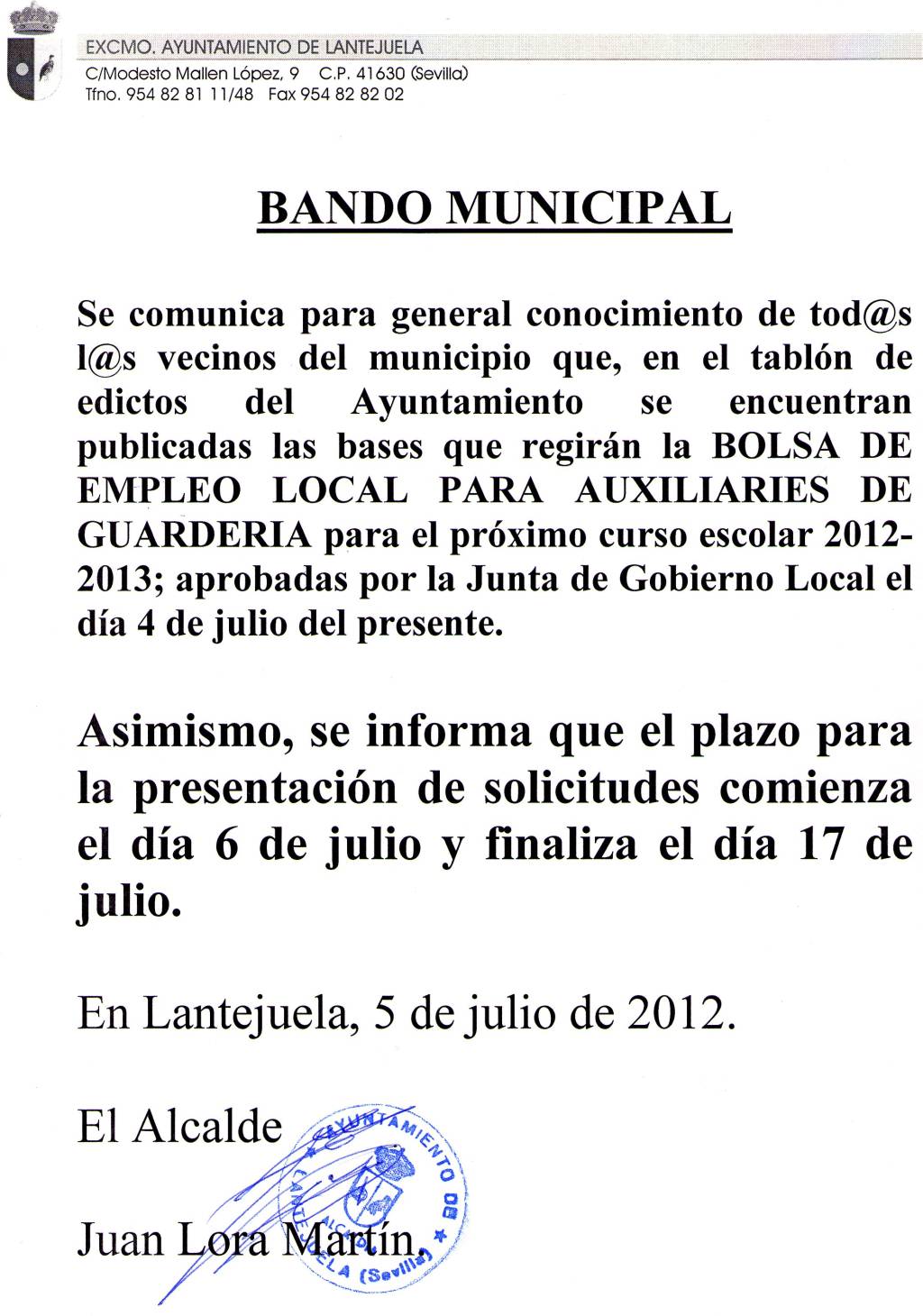 Bando informativo sobre la apertura bolsa de empleo local para auxiliares de guarderia