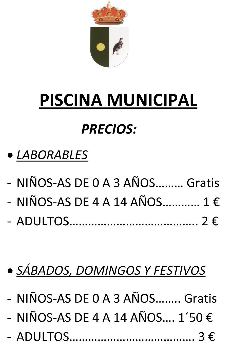 PRECIOS PISCINA MUNICIPAL
