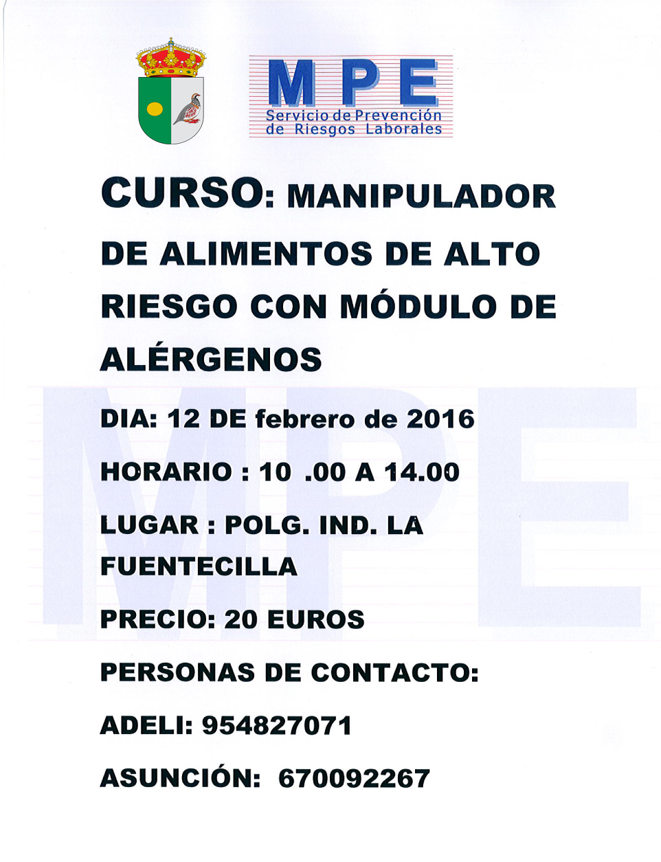 cartel curso Manipulador de alimentos